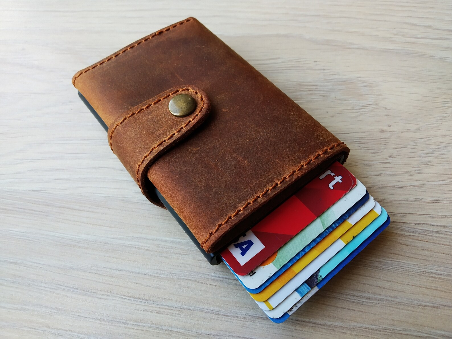 Brown Leather Pop Up Wallets Mens Mechanichal Slim Card Holder Etsy