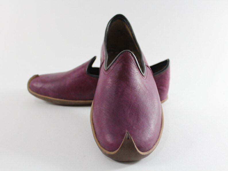 Unique Madder Burgundy Women Leather Shoes Men Slip Ons Handmade House SLippers Medieval Viking Boots Christmas Gifts for Her Him