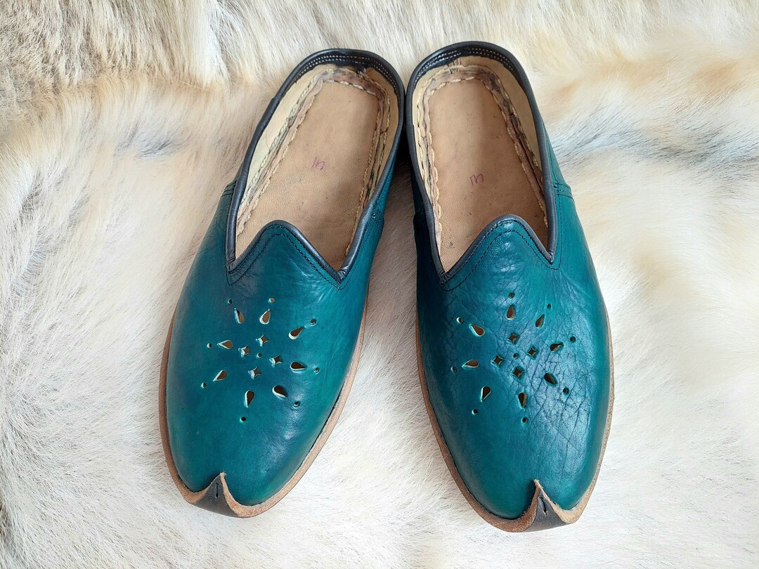 Medieval Green Leather Slippers Turkish Handmade Shoes Slip - Etsy