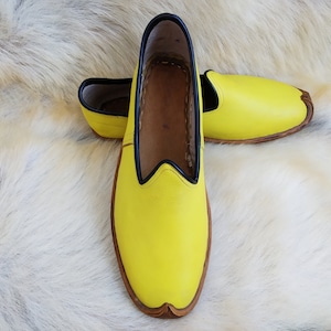 Bohemian Yellow Turkish Shoes Leather Boho Slip Ons Hippie Slippers Loafer Medieval Flats Bohemian Moccasins Men&#39;s Women&#39;s Yemeni Christmas