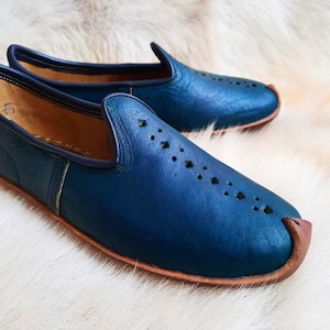 Herbal Dye Navy Perforated Leather Turkish Shoes Medieval Slip Ons Handmade Slippers Ottoman Loafer Flats Moccasins Men Women Vintage Gift