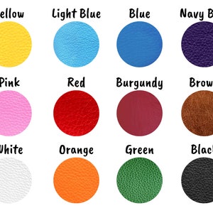 May include: A collection of 12 color swatches showing different shades of leather. The colors are: yellow, light blue, blue, navy blue, pink, red, burgundy, brown, white, orange, green, and black.