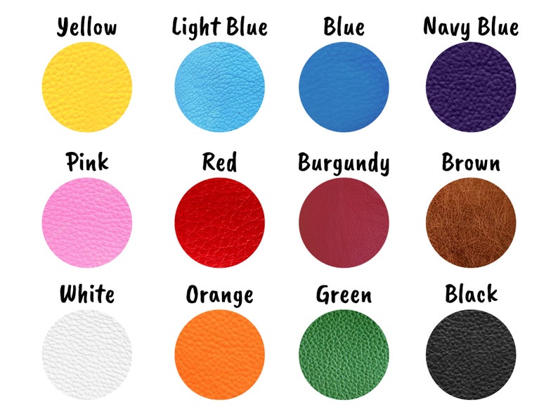 May include: A collection of 12 color swatches showing different shades of leather. The colors are: yellow, light blue, blue, navy blue, pink, red, burgundy, brown, white, orange, green, and black.