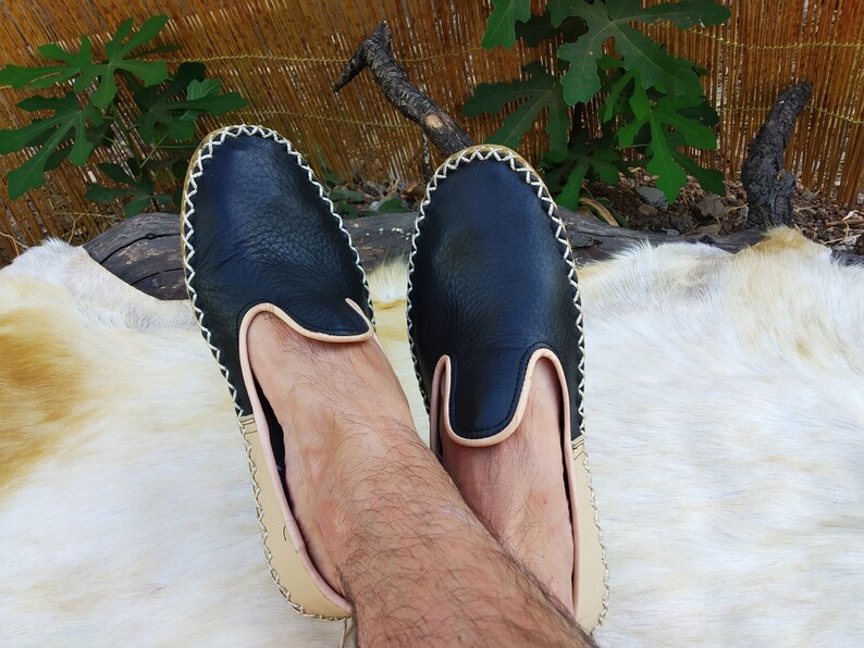 Blue Beige Slip Ons Turkish Shoes Leather Loafer Slippers Flats Moccasins Men's Women's Yemeni Vintage Gift Discount image 2