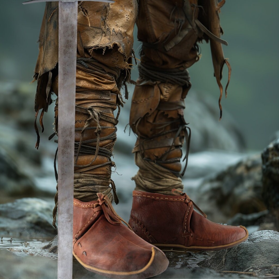 KNOT by made in world real leather 古着 Madder Brown Viking Boots Medieval LARP Shoes Handmade Leather