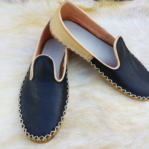 Blue Beige Slip Ons Turkish Shoes Leather Loafer Slippers Flats Moccasins Men's Women's Yemeni Vintage Gift Discount image 6