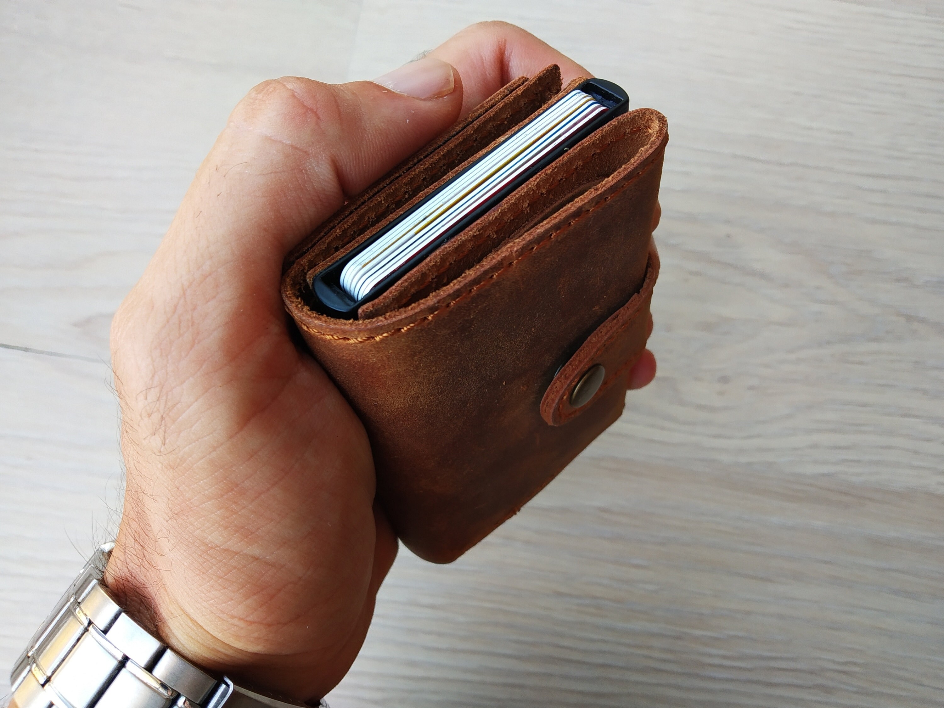 Brown Leather Pop Up Wallets Mens Mechanichal Slim Card Holder Etsy