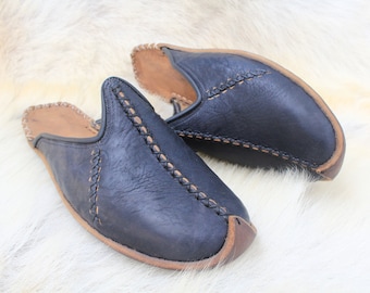 Slippers of Nobles  - Natural Black Leather Slippers Turkish Handmade Shoes Medieval Slip Ons