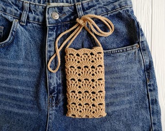 Portafoglio per cellulare lavorato all'uncinetto a mano, borsa a tracolla boho in cotone e acrilico