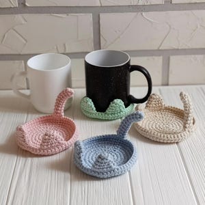 Set of 4 pastel coasters - Handmade cat coasters set - Quirky coffee table decor - Crochet animal coasters - Tea cup mats