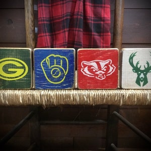 Rustic Green Bay Packers | Milwaukee Brewers | Wisconsin Badgers | Milwaukee Bucks | Wood Shelf Sitter Block Mantle Decor Tiered Tray Gift