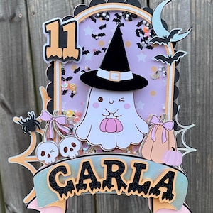 Witch-Ghost Halloween Cake Topper Shaker: Girly Spooky Decor