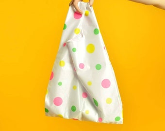 Multicolor transparent polkadot shopping bag Pink green yellow sheer polka-dot handmade market bag Rainbow handbag Gift for her