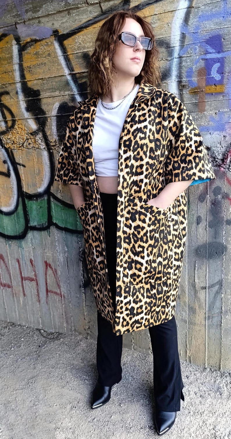 Leopard Print Kimono Coat, Long Animal Print Jacket with Pockets and Lining image 9
