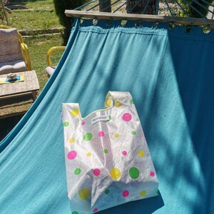 Multicolor transparent polkadot shopping bag Pink green yellow sheer polka-dot handmade market bag Rainbow handbag Gift for her image 8