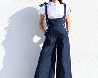 Denim Dungarees | Women's Wide Leg Overalls | High Waist Sailor Pants | Tie Strap Jumpsuit