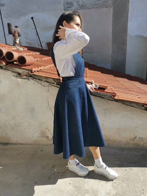 Denim Dungaree a Line Skirt Jeans Dungaree Midi Retro Apron - Etsy