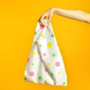 Multicolor transparent polkadot shopping bag Pink green yellow sheer polka-dot handmade market bag Rainbow handbag Gift for her image 5