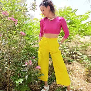 Yellow denim pants High waisted summer bottoms Handmade women&#39;s lemon cropped trousers Spring waist fitted pleated yellowish jupe culotte