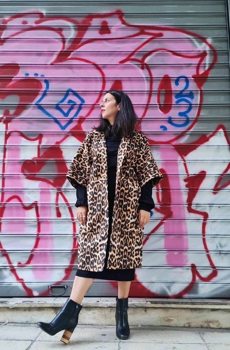 Leopard Print Kimono Coat, Long Animal Print Jacket with Pockets and Lining image 5