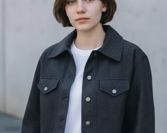 Handmade Cropped Black Denim Jacket: Edgy Metallic Button Jean Bomber