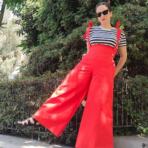 Coral Red Denim Dungaree Pants: High Waisted Wide Leg Trousers