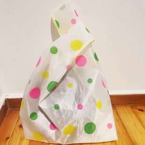 Multicolor transparent polkadot shopping bag Pink green yellow sheer polka-dot handmade market bag Rainbow handbag Gift for her image 4