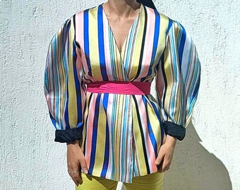 Multicoloured striped puffy sleeves balzer Waist fitted pump sleeves pink blue yellow black white spring handmade women's jacket
