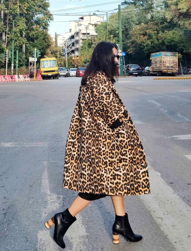 Leopard Print Kimono Coat, Long Animal Print Jacket with Pockets and Lining image 1