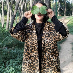 Leopard Print Kimono Coat, Long Animal Print Jacket with Pockets and Lining image 2