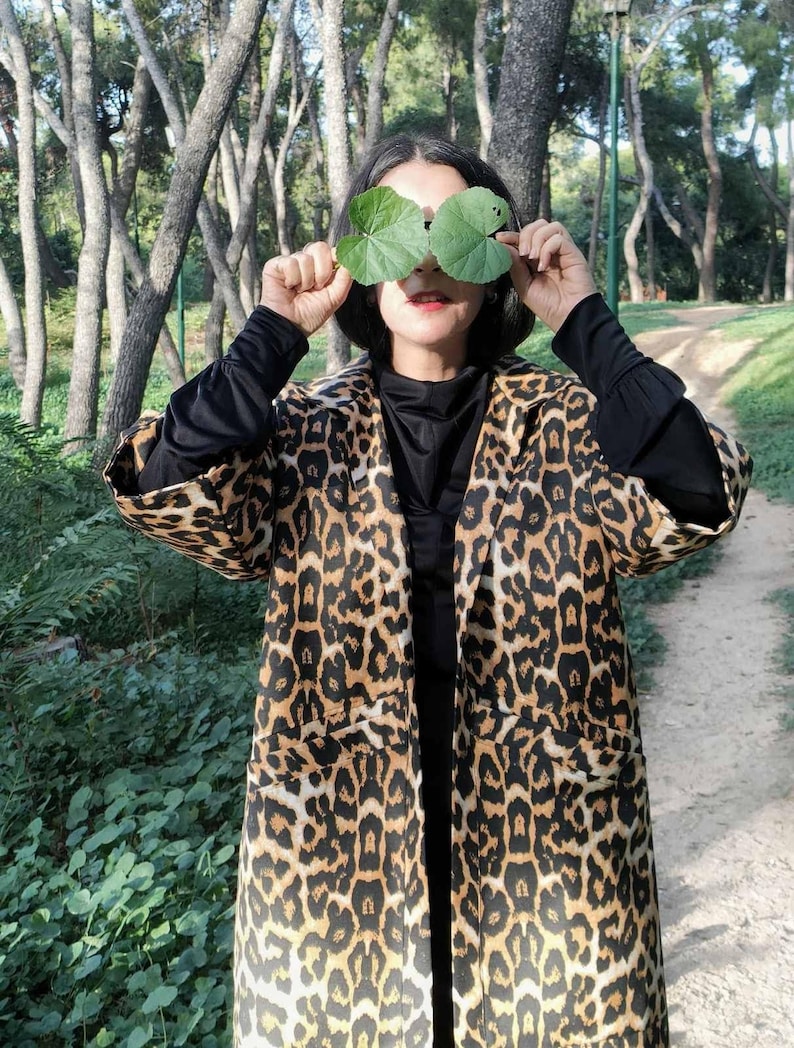 Leopard Print Kimono Coat, Long Animal Print Jacket with Pockets and Lining image 2