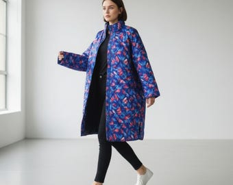 Abstract Print Puffer Coat, Unisex Oversized Quilted Jacket Red Blue Padded Outerwear