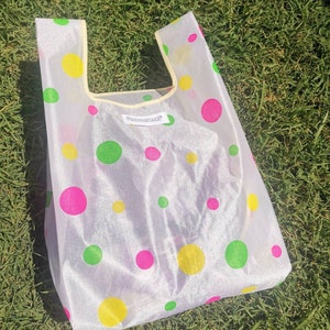 Multicolor transparent polkadot shopping bag Pink green yellow sheer polka-dot handmade market bag Rainbow handbag Gift for her image 3