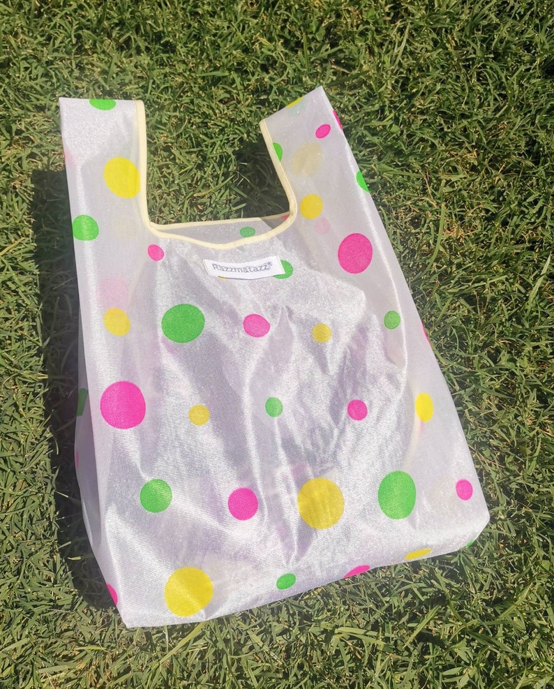 Multicolor transparent polkadot shopping bag Pink green yellow sheer polka-dot handmade market bag Rainbow handbag Gift for her image 3