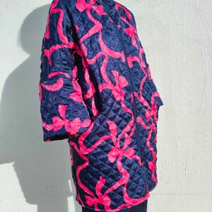 Magenta Blue Bow Print Puffer Coat, High Quality Winter Coat, Double face Hippy Bomber, Funky Quilted Warm Coat, Girl Aesthetic Clothing image 5