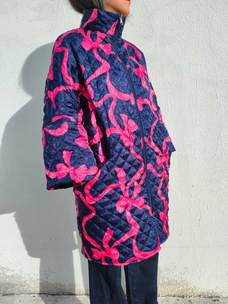 Magenta Blue Bow Print Puffer Coat, High Quality Winter Coat, Double face Hippy Bomber, Funky Quilted Warm Coat, Girl Aesthetic Clothing image 5