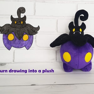 May include: A purple and black plush toy resembling a Pokemon character. The toy has a round body with yellow eyes and a black head with a curled tail.