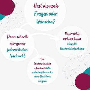 May include: A light gray graphic with teal and maroon circular accents featuring German text: Hast du noch Fragen oder W&uuml;nsche? Dann schreib mir gerne jederzeit eine Nachricht. Du erreichst mich am besten &uuml;ber die Nachrichtenfunktion. Bei Sonderw&uuml;nschen schreib mit bitte unbedingt bevor du deine Bestellung aufgibst.