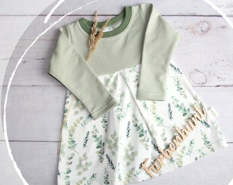 Kleid langarm "Eukalyptus" | Taufkleid Mädchen | Kinder Kleid Blumennmädchen | Geburtsttagskleid