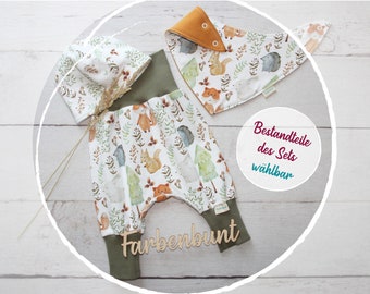 Babyset: Pumphose Mütze Halstuch "Waldfreunde" | Neugeborenen Set Junge | Coming Home Outfit | Erstlingsset Waldtiere