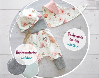 Babyset: Pumphose Mütze Halstuch "Kolibris" | Erstlingsset Mädchen | Coming Home Outfit | Neugeborenen Set mit Blumen