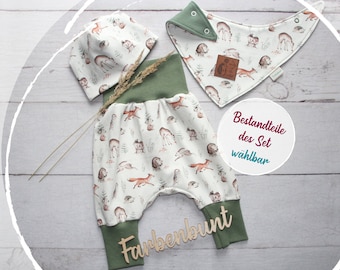 Babyset: Pumphose Mütze Halstuch "Waldgeflüster" | Erstlingsset Junge | Coming Home Outfit | Neugeborenen Set Waldtiere | Baby Set Mädchen