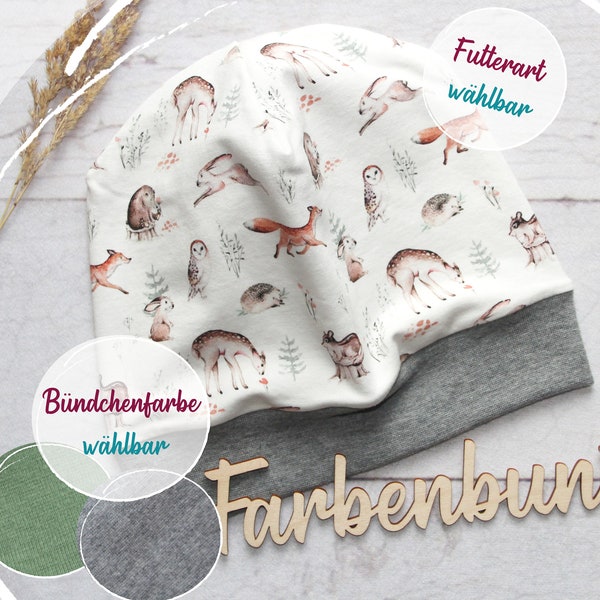 Beanie Mütze mit Bündchen "Waldgeflüster" | dünne Kindermütze Waldtiere | Baby Beanie | Übergangsmütze Mädchen | Sommermütze Junge