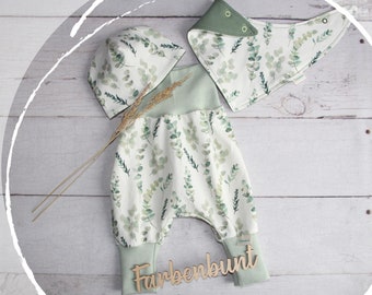 Babyset: Pumphose Mütze Halstuch "Eukalyptus" | Erstlingsset Mädchen | Neugeborenen Set Junge | Coming Home Outfit