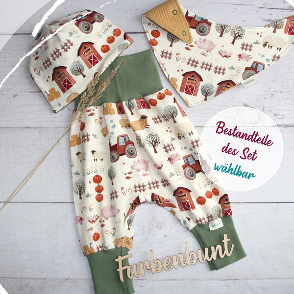 Babyset: Pumphose Mütze Halstuch "Bauernhof" | Neugeborenen Set mit Traktor | Erstlingsset Junge | Coming Home Outfit | Babykleidung Junge