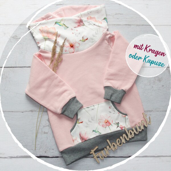 Hoody mit Kragen oder Kapuze | Hoodie Mädchen | Babypullover | Kapuzenpullover rosa | Kinder Sweatshirt | Kolibris