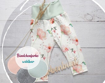 Leggings lang oder 3/4 lang "Kolibirs" | Babyhose mit Blumen | Jersey Hose Mädchen | Kinder Leggings Mädchen