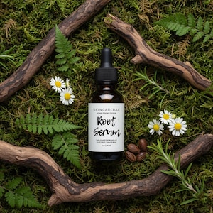 May include: A brown glass bottle of "Root Serum" with a black dropper, set against a backdrop of moss, ferns, daisies, and twigs. The label reads "lash, brow & hair growth oil" and is 1 fl oz / 30 ml.