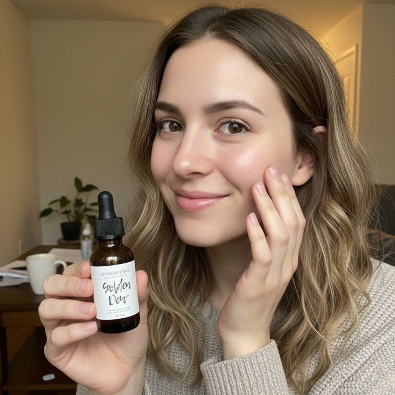 May include: A brown glass bottle with a black dropper, labeled "Golden Dew" in white script. The bottle is held by a person. The product is from "SKINCAREBAE".