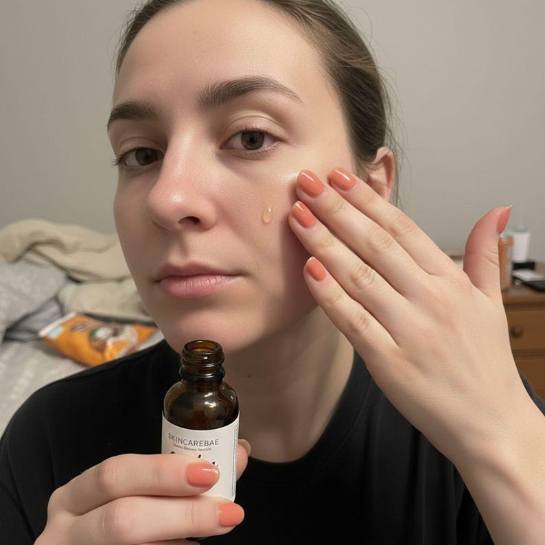 May include: A person applying skincare serum from a small brown glass bottle. The bottle has a white label with the text "skincarebae". The person's nails are painted a peach color. A drop of serum is visible on the person's cheek.